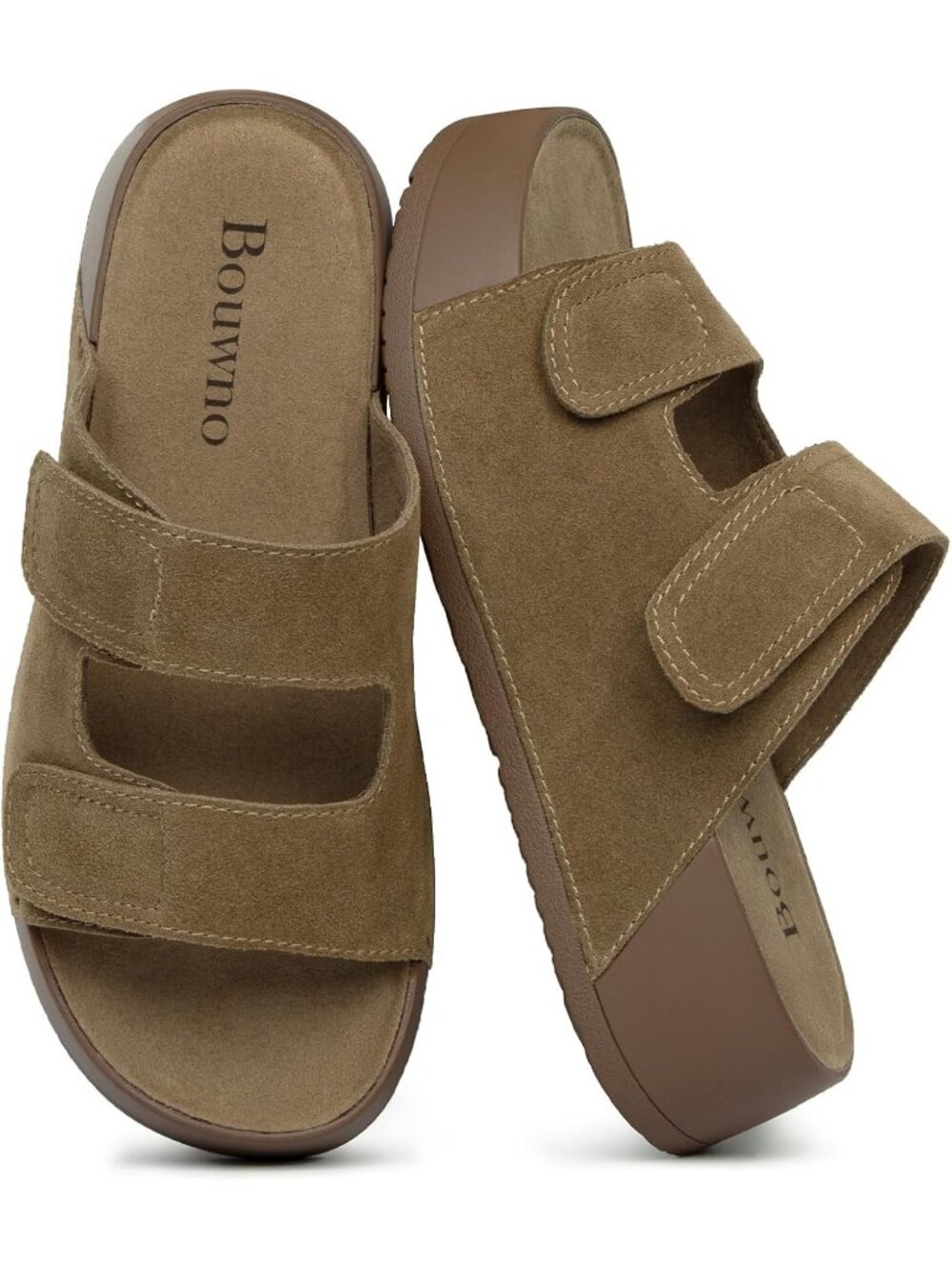 Women's Khaki Genuine Leather Slip on Beach Slide Buckle Platform Sandal Shoes